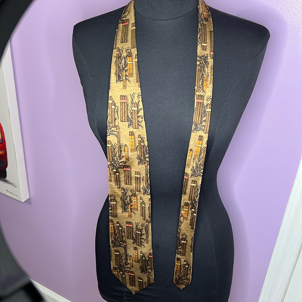 Vintage Cigar Print 100% Silk Necktie Brown and Tan by Structure USA Made